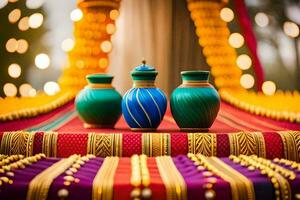 three vases on a red and gold table. AI-Generated photo