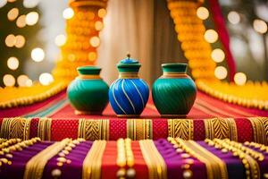 three vases on a red and gold table. AI-Generated photo