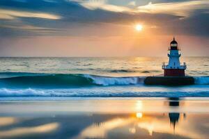 un faro soportes en el agua a puesta de sol. generado por ai foto