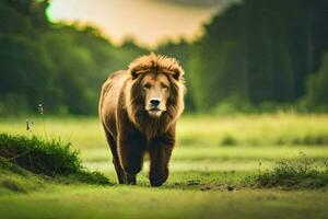 un león caminando mediante un campo. generado por ai foto