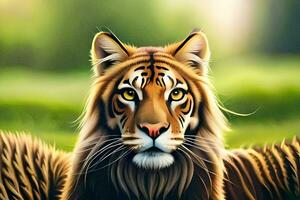 a tiger is sitting in the grass with its eyes wide open. AI-Generated photo