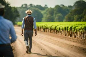 two men walking down a dirt road with a field of corn. AI-Generated photo