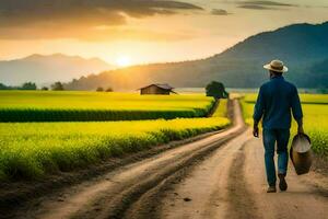 a farmer walks on a dirt road in a rice field. AI-Generated photo