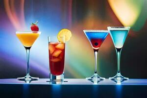 four different colored cocktails on a table. AI-Generated photo