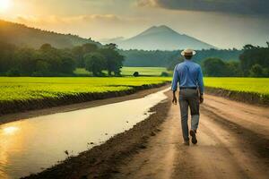 a man walking down a dirt road in a field. AI-Generated photo