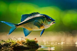 a fish is standing on the water with grass. AI-Generated photo