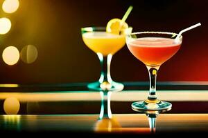 two cocktails sit on a bar counter. AI-Generated photo