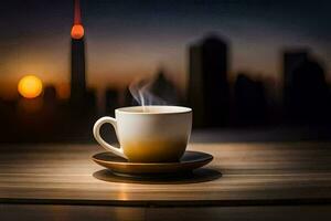 un taza de café en un mesa con un ciudad en el antecedentes. generado por ai foto