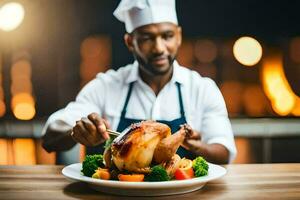 un cocinero es participación un pollo en un lámina. generado por ai foto