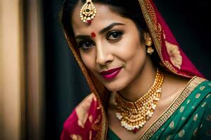 a beautiful indian woman wearing a traditional sari. AI-Generated photo