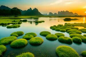 the sun sets over a river and green grass. AI-Generated photo
