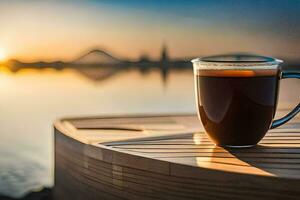 a cup of coffee on a wooden table with a view of the river. AI-Generated photo