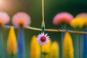 a pink flower is hanging from a wire. AI-Generated photo