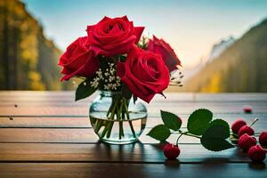 red roses in a vase on a table with cherry. AI-Generated photo