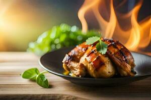 A la parrilla pollo en un plato con hierbas. generado por ai foto