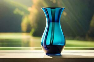 a blue vase sitting on a table near a lake. AI-Generated photo