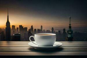 a cup of coffee on a table in front of a cityscape. AI-Generated photo
