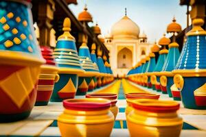 vistoso floreros forrado arriba en frente de el taj mahal. generado por ai foto