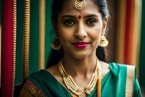 un mujer vistiendo un verde sari y oro joyas. generado por ai foto