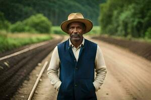 un africano hombre en un sombrero en pie en un tren pista. generado por ai foto