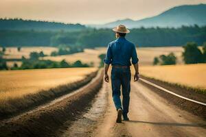 a man in a cowboy hat walks down a dirt road. AI-Generated photo