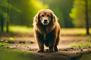a golden retriever standing on a dirt road in the woods. AI-Generated photo