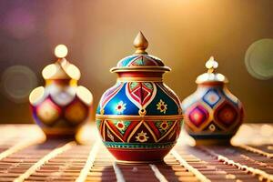 three colorful vases on a wooden table. AI-Generated photo