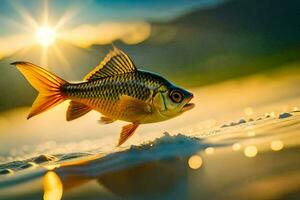 un pescado es nadando en el agua a puesta de sol. generado por ai foto