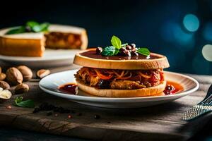 un emparedado con carne y vegetales en un lámina. generado por ai foto