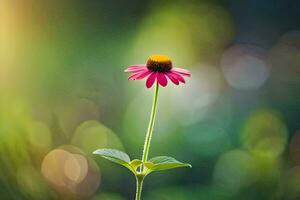 a single pink flower is standing in front of a green background. AI-Generated photo