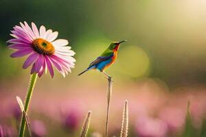 a colorful bird is perched on a flower in a field. AI-Generated photo