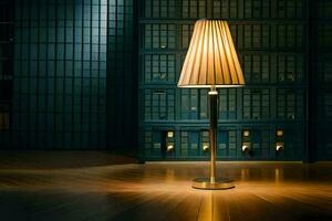 un lámpara es sentado en un de madera piso. generado por ai foto