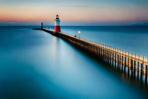 a long exposure photograph of a lighthouse on a pier. AI-Generated photo