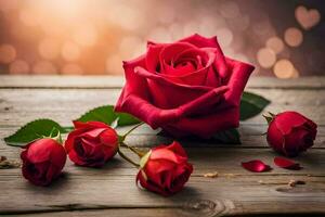 red roses on a wooden table with a blurry background. AI-Generated photo