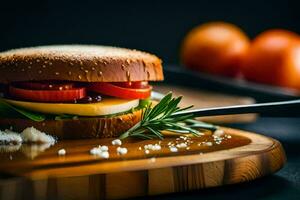 a sandwich with tomatoes, cheese and herbs on a wooden cutting board. AI-Generated photo