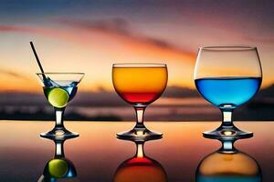 three glasses of different colored drinks on a table. AI-Generated photo