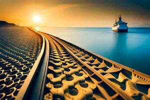 a train track going through the sand at sunset. AI-Generated photo