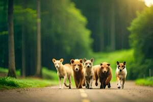 five dogs walking down a road in the forest. AI-Generated photo