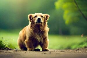 a golden retriever is standing on a dirt road. AI-Generated photo