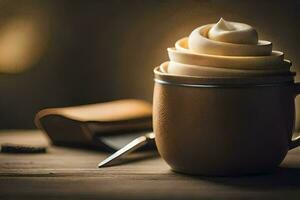 a cup of coffee with whipped cream on top. AI-Generated photo