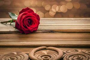 a red rose sits on top of a wooden table. AI-Generated photo