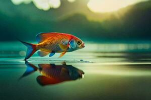 a fish is standing on the water with a reflection. AI-Generated photo