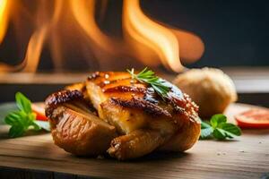 grilled chicken on a wooden cutting board with a fire in the background. AI-Generated photo