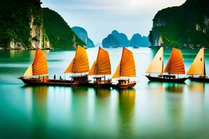 four boats with yellow sails in the water. AI-Generated photo