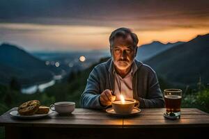 un hombre sentado a un mesa con un taza de café y un plato de alimento. generado por ai foto