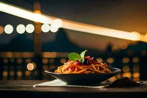 spaghetti in a bowl with a view of the city. AI-Generated photo