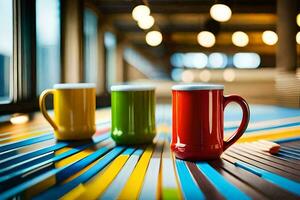 three colorful coffee mugs sit on a table. AI-Generated photo