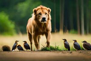 un león en pie en frente de un grupo de aves. generado por ai foto