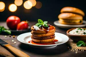 a stack of pancakes with sauce and a knife. AI-Generated photo