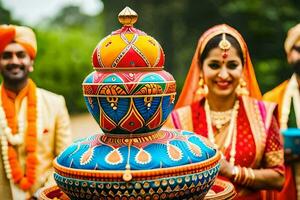 un novia y novio en tradicional indio atuendo. generado por ai foto